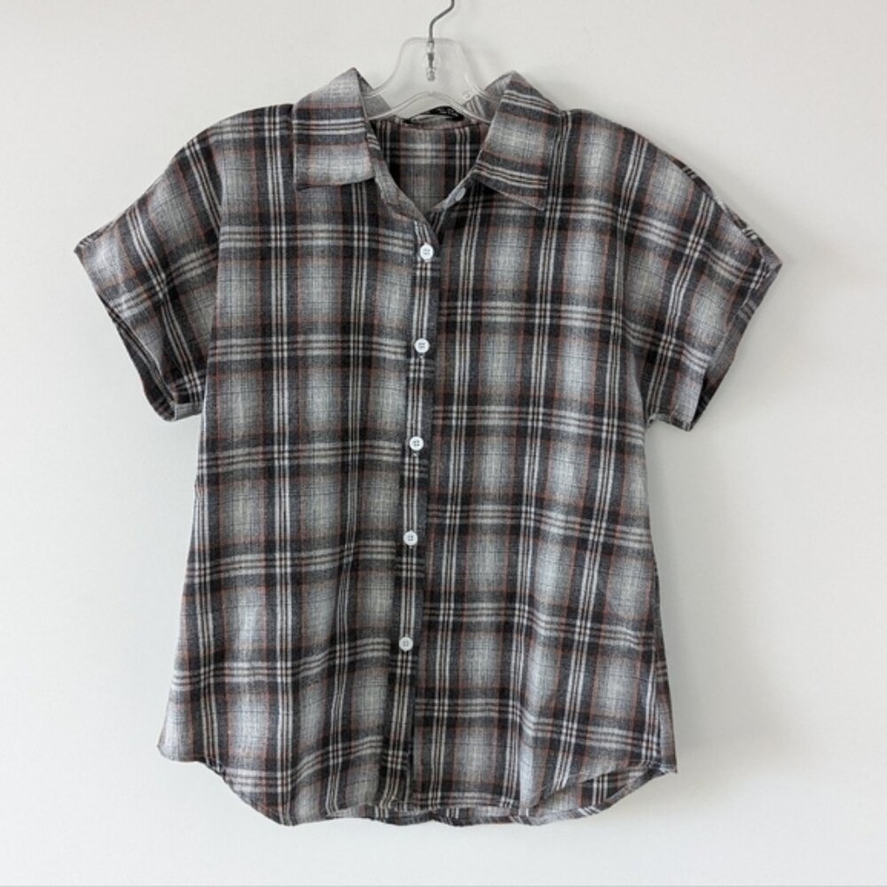 SHEIN Plaid Short Sleeve Button-Up Shirt Classic Grey&Orange Size S